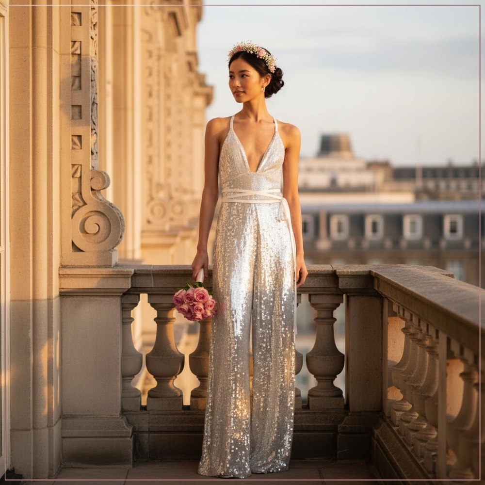 $4990 Temperley London Bardot Silk + Sparkling Sequin Runway Jumpsuit